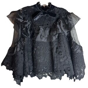 N By Nancy Black Lace Sheer Sleeve Velvet Bow Bell Sleeve Whimsy Fairy Goth XL‎